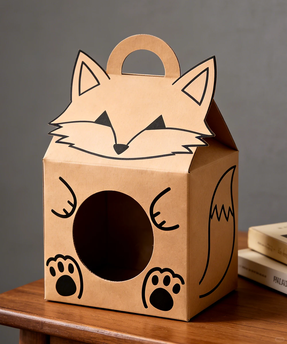 Creative kraft paper gift box with die-cut cartoon design, eco-friendly packaging solution