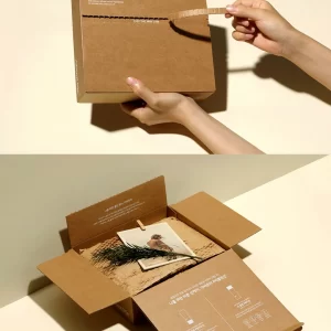 Eco-friendly kraft paper tear-open gift box with pull strip opening design for premium packaging