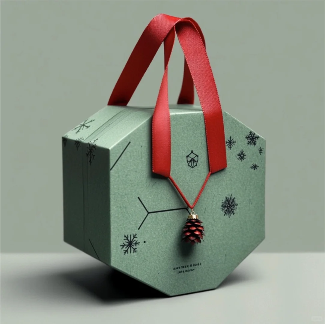Luxury polygon gift box with ribbon handle and decorative charm, premium custom gift packaging