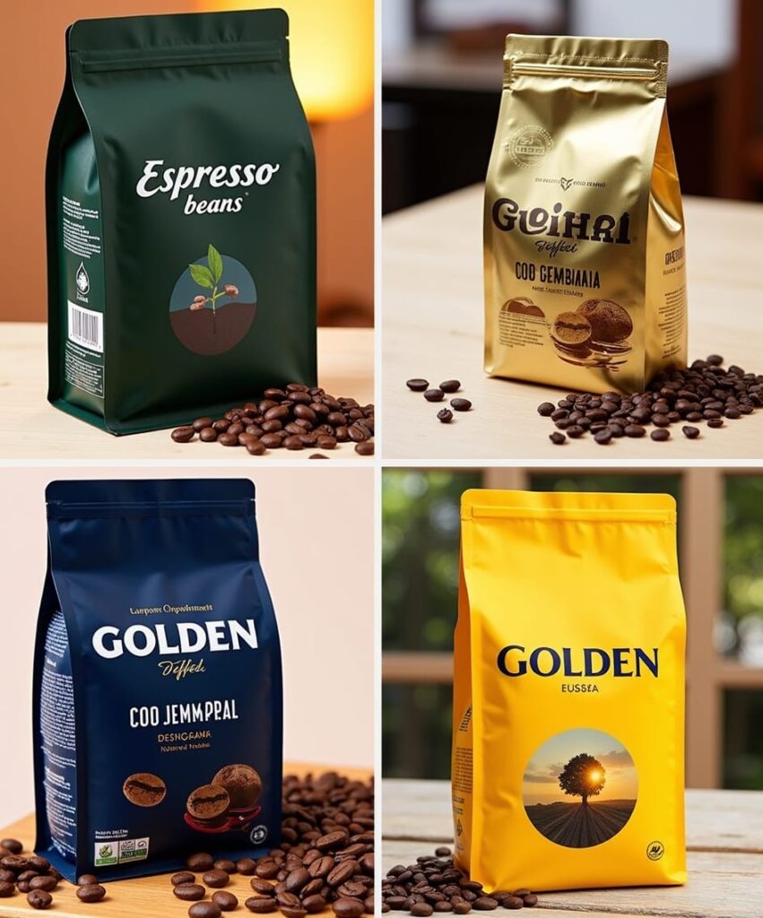 Custom coffee bean stand up pouch with printed logo, flexible coffee packaging bag