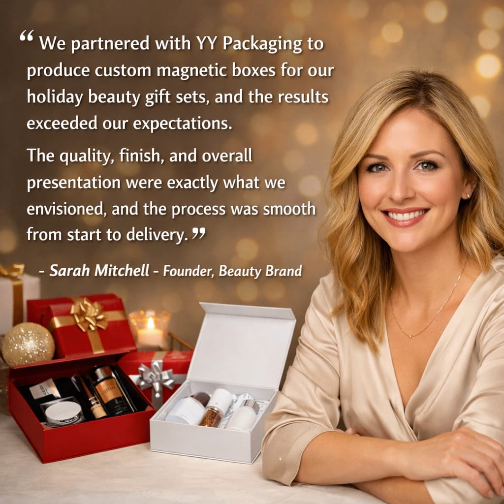 Customer testimonial featuring custom magnetic gift boxes for beauty products